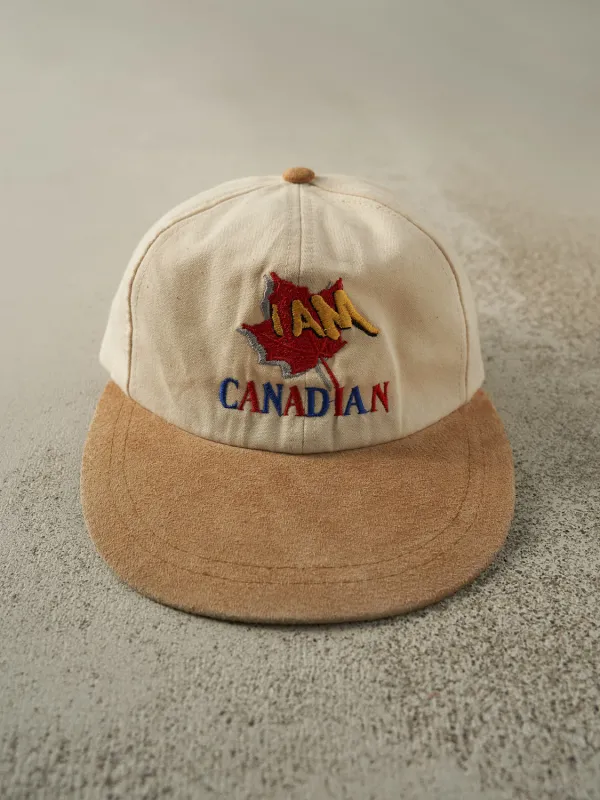 Vintage 90s Beige "I Am Canadian" Embroidered Leather Strapback sold by Rebalance Vintage