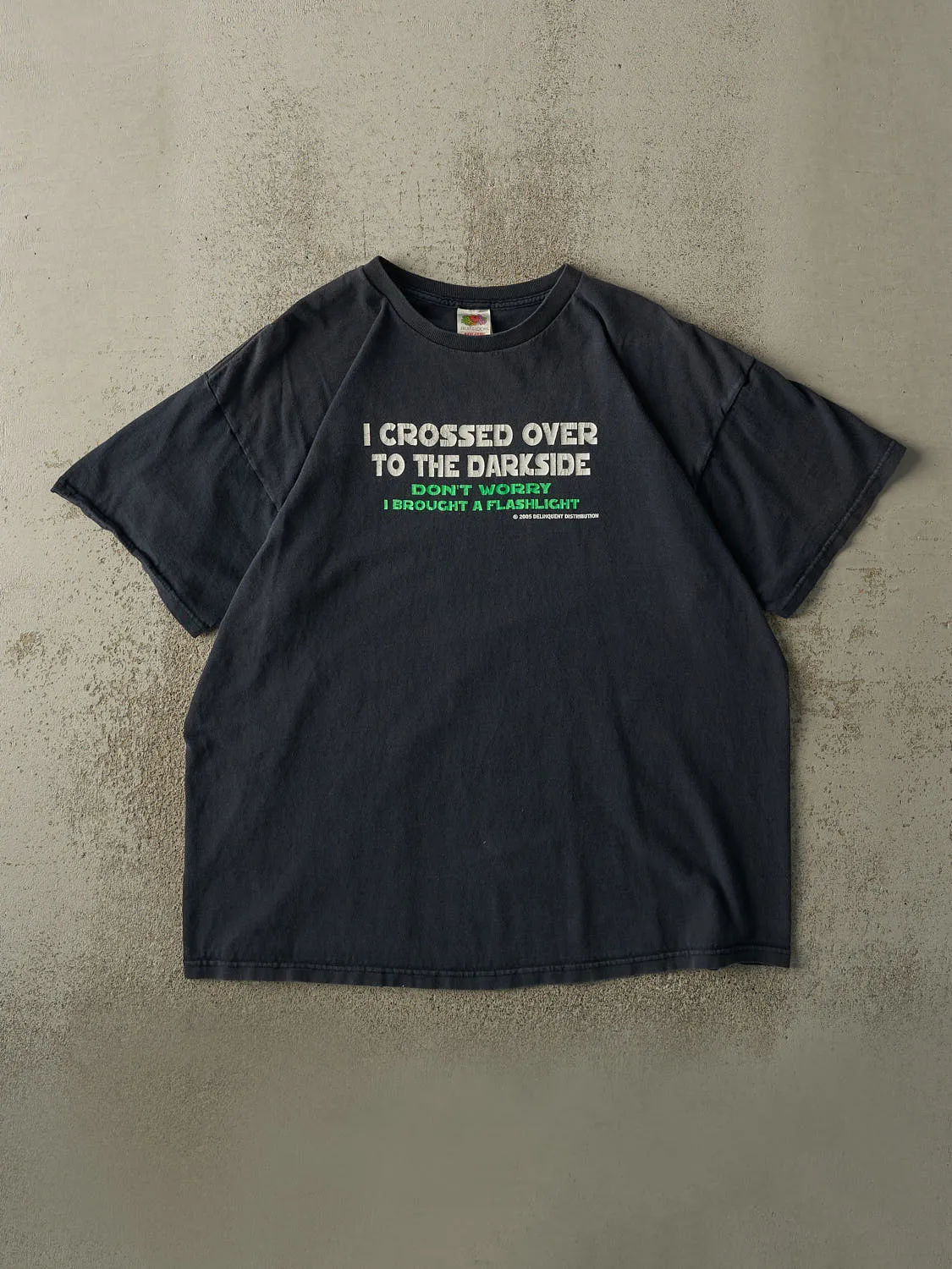 Vintage 05' Faded Black "Brought A Flashlight" Slogan Tee (XL/XXL) sold by Rebalance Vintage