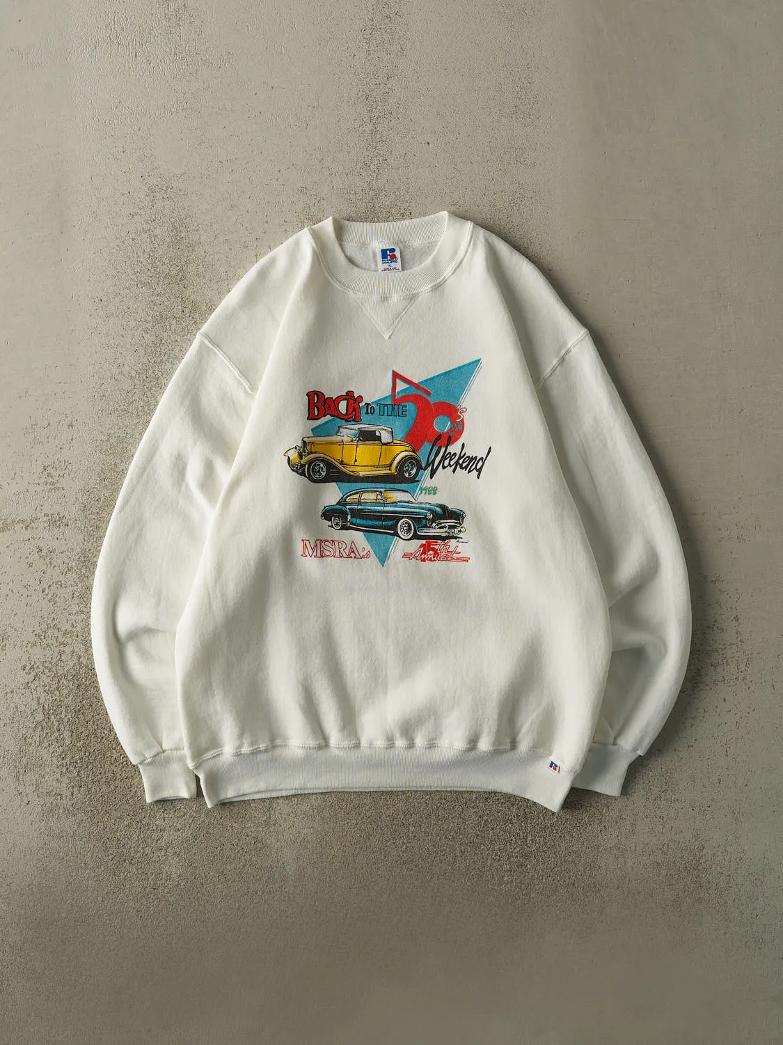 Vintage 88' White Back to the 50s Weekend Russell Athletic Car Crewneck (L/XL) sold by Rebalance Vintage