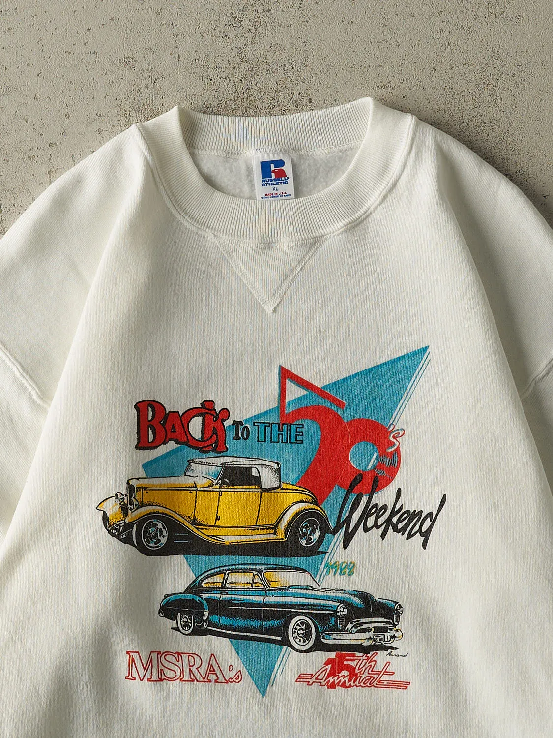 Vintage 88' White Back to the 50s Weekend Russell Athletic Car Crewneck (L/XL) sold by Rebalance Vintage product image thumbnail 2