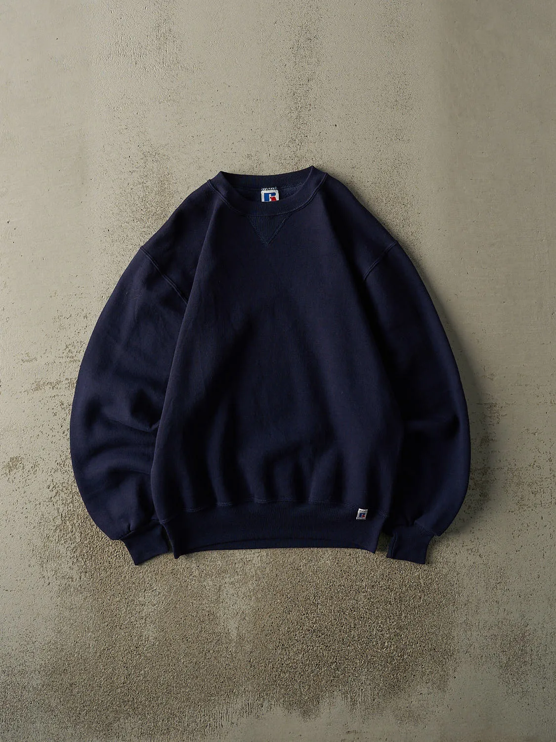 Vintage 90s Navy Blue Russell Athletic Blank Crewneck (M) sold by Rebalance Vintage
