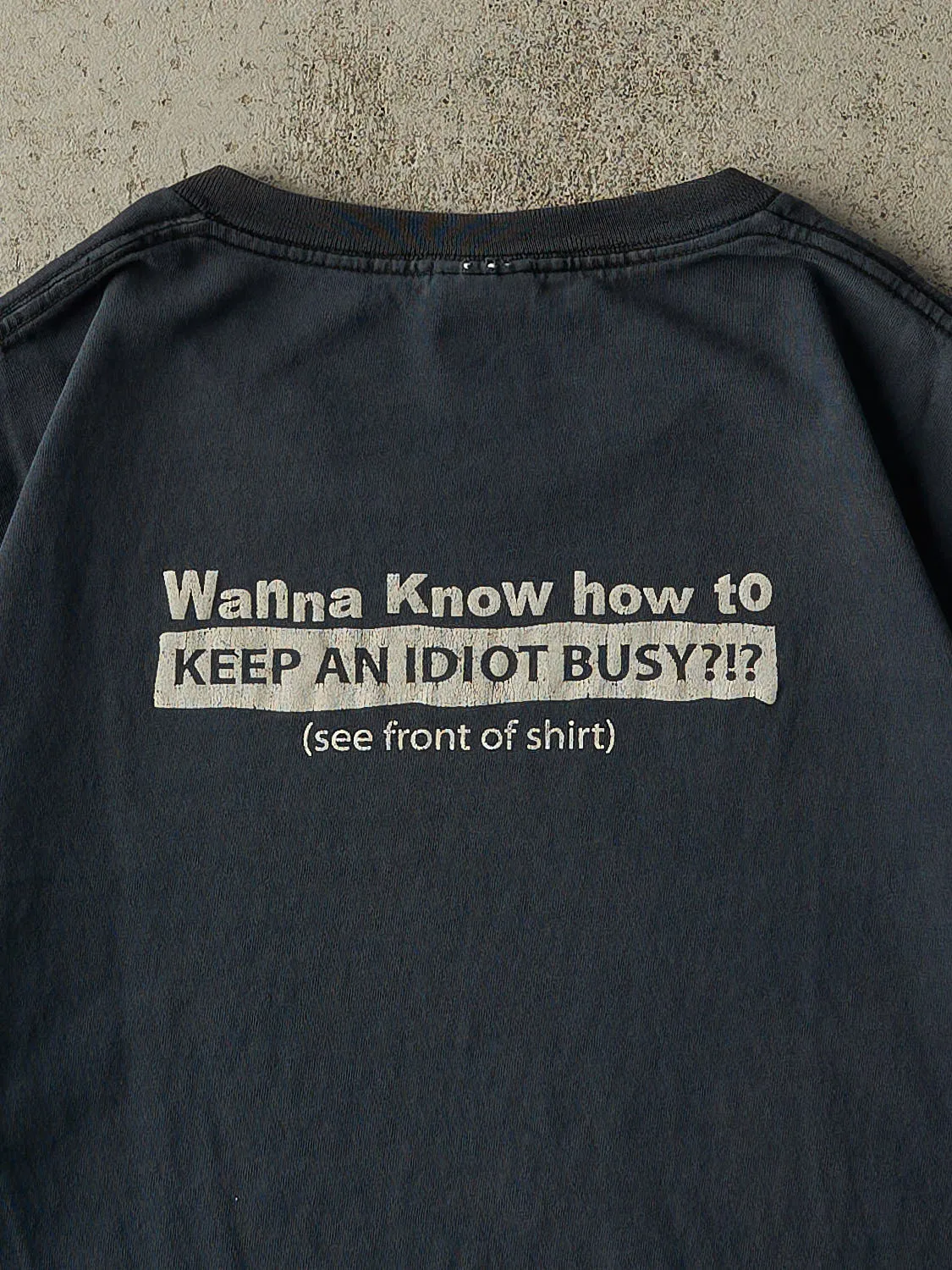 Vintage Y2K Navy Blue "Keep An Idiot Busy" Slogan Tee (L) sold by Rebalance Vintage product image thumbnail 4