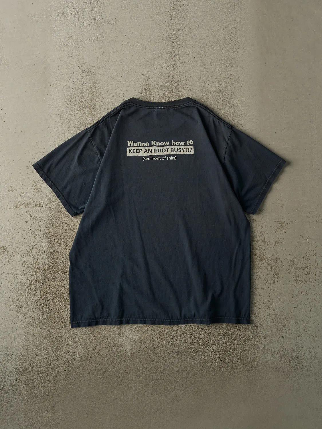 Vintage Y2K Navy Blue "Keep An Idiot Busy" Slogan Tee (L) sold by Rebalance Vintage product image thumbnail 2