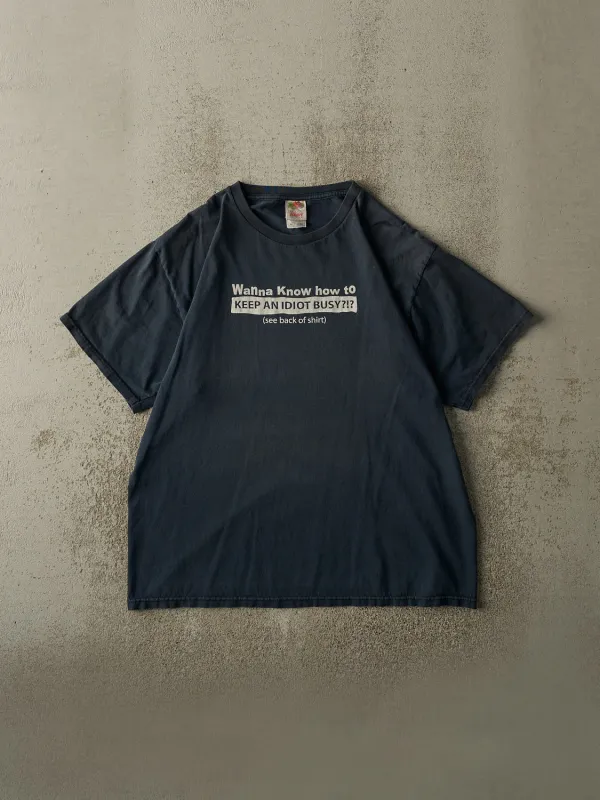 Vintage Y2K Navy Blue "Keep An Idiot Busy" Slogan Tee (L) sold by Rebalance Vintage