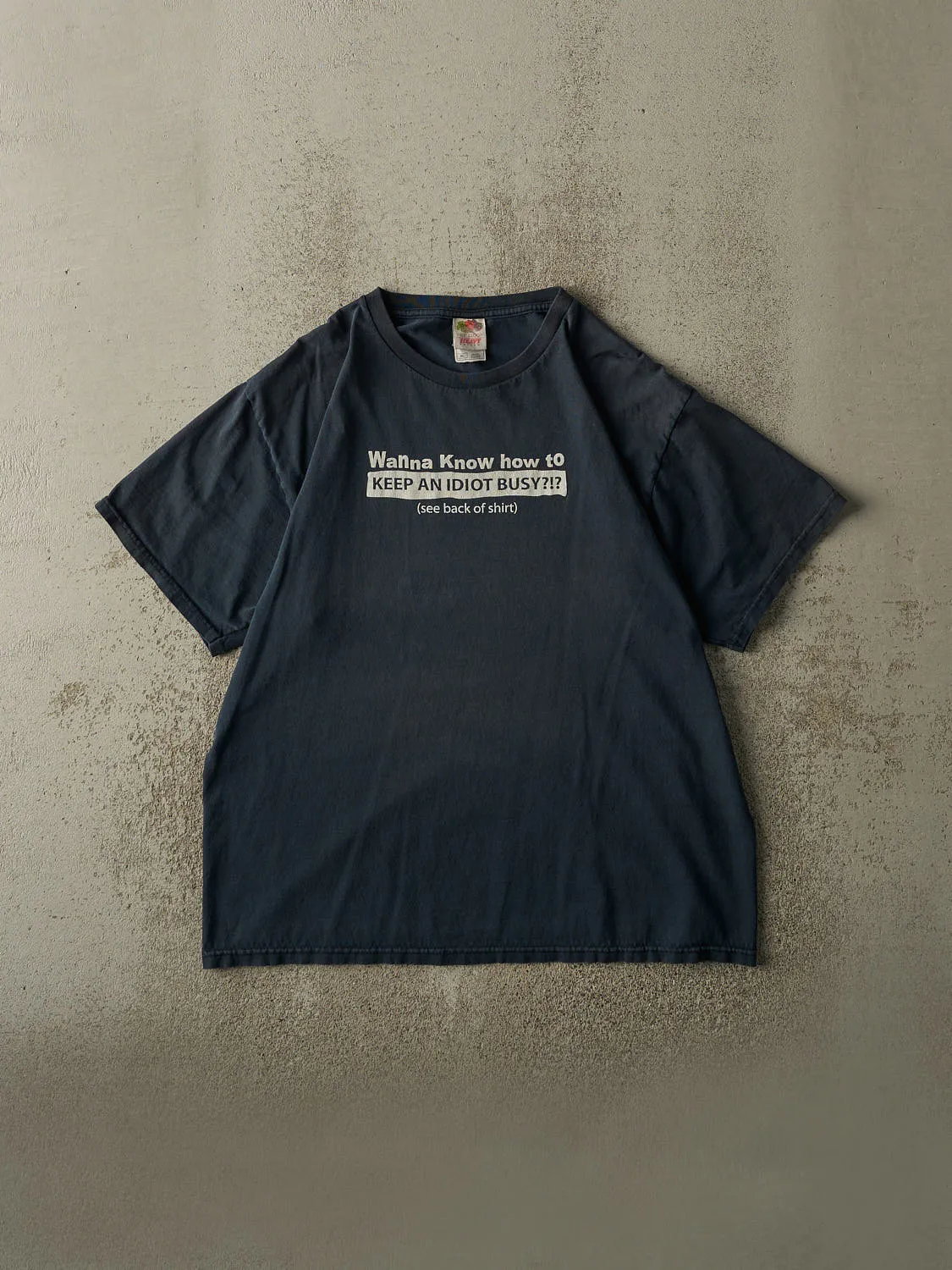 Vintage Y2K Navy Blue "Keep An Idiot Busy" Slogan Tee (L) sold by Rebalance Vintage