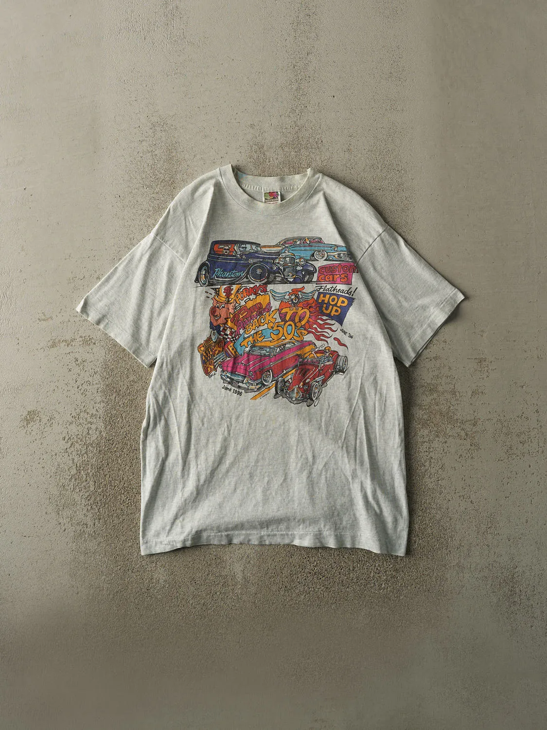 Vintage 96' Heather Grey Back to the 50s Car Show Single Stitch Tee (L) sold by Rebalance Vintage