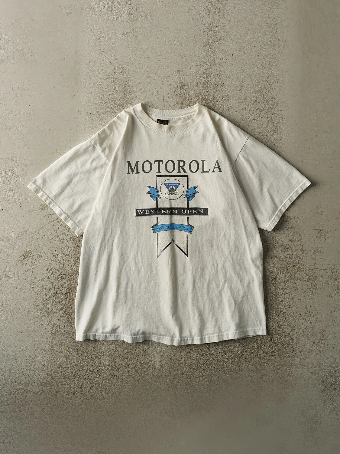 Vintage 90s White Motorola Western Open Golf Tournament Tee (L) sold by Rebalance Vintage