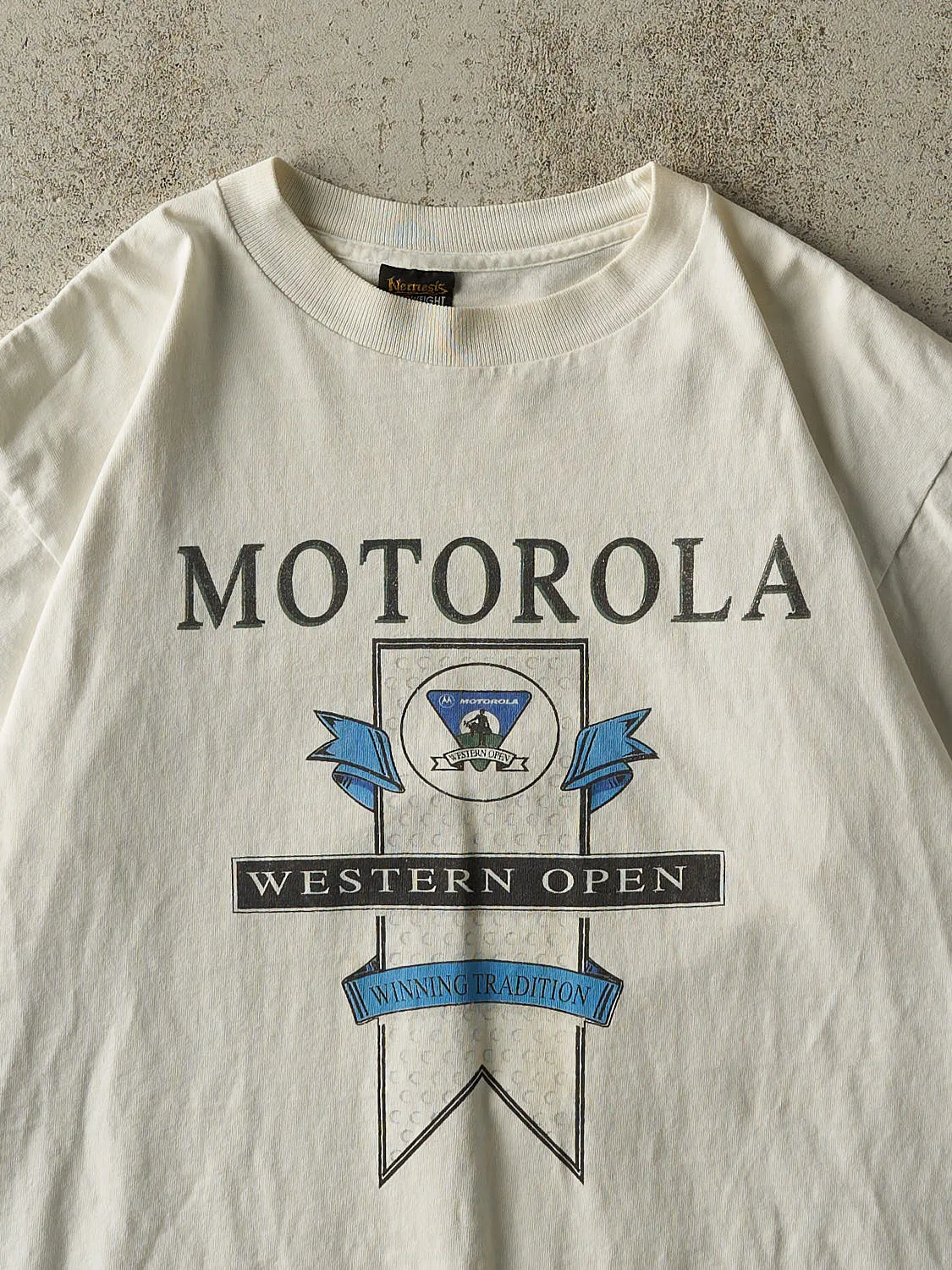 Vintage 90s White Motorola Western Open Golf Tournament Tee (L) sold by Rebalance Vintage product image thumbnail 2