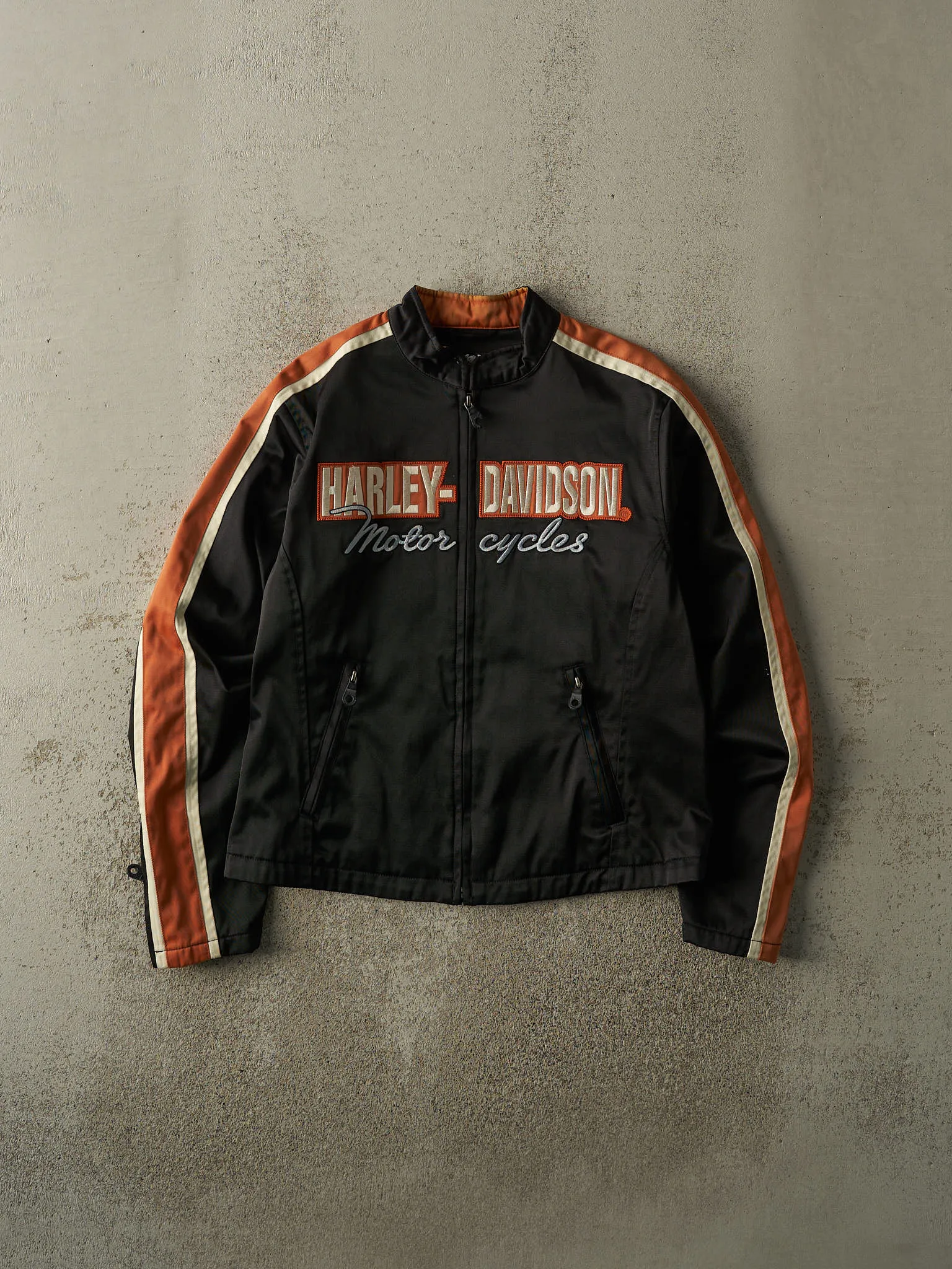 Vintage 90s Black & Orange Harley Davidson Nylon Biker Jacket (S/M) sold by Rebalance Vintage