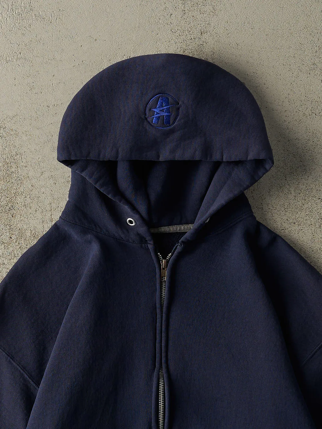 Vintage 90s Navy Blue Russell Athletic Embroidered Zip Up Hoodie (L/XL) sold by Rebalance Vintage product image thumbnail 4