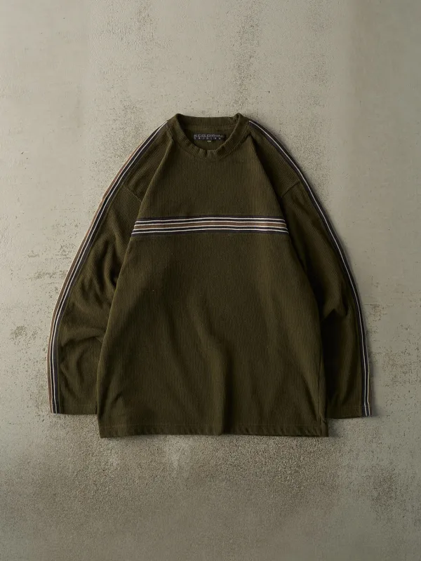 Vintage Y2K Green Striped BC Clothing Textured Long Sleeve (L/XL) sold by Rebalance Vintage