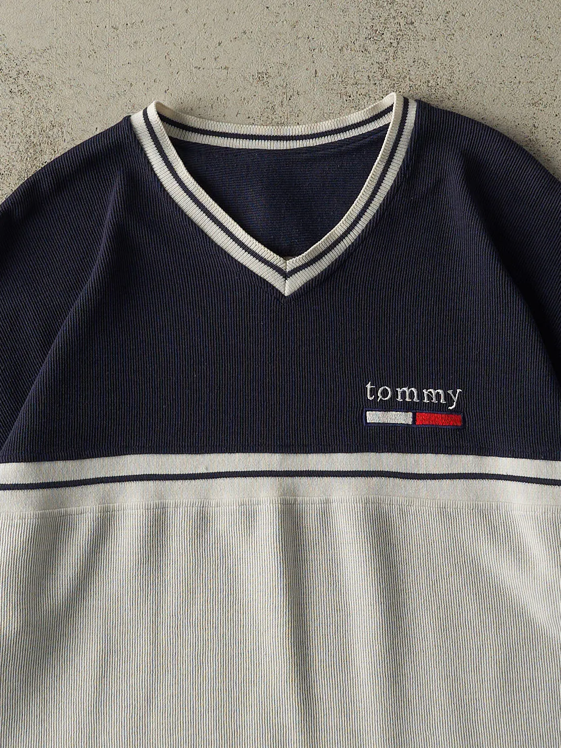 Vintage Y2K Navy Blue & White Tommy Hilfiger Embroidered Textured Tee (L/XL) sold by Rebalance Vintage product image thumbnail 3