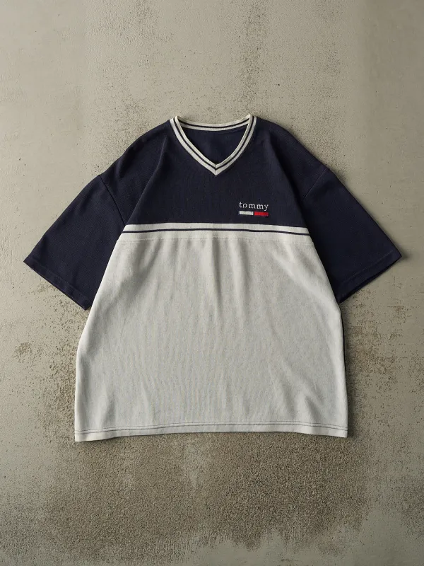 Vintage Y2K Navy Blue & White Tommy Hilfiger Embroidered Textured Tee (L/XL) sold by Rebalance Vintage