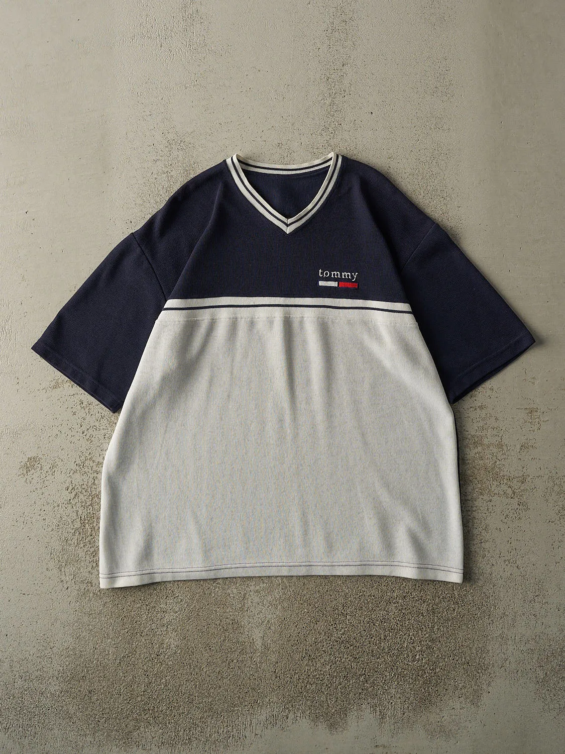 Vintage Y2K Navy Blue & White Tommy Hilfiger Embroidered Textured Tee (L/XL) sold by Rebalance Vintage