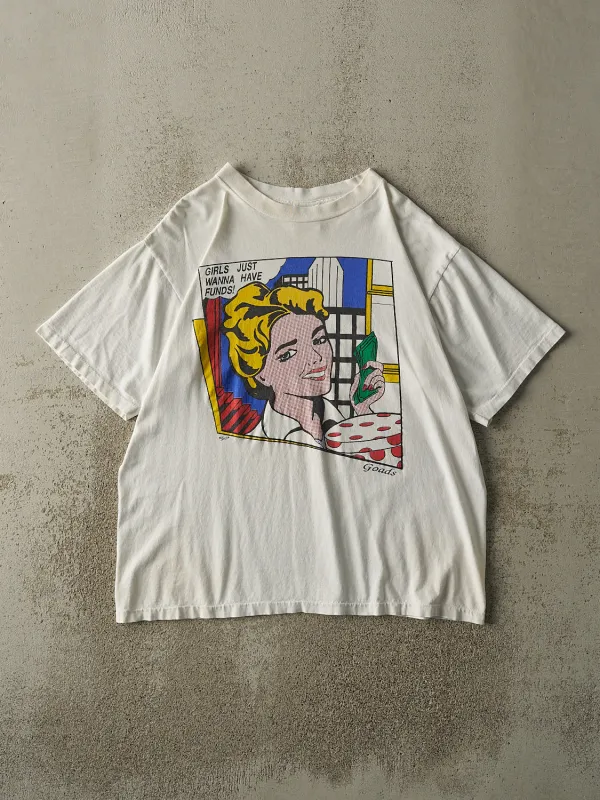 Vintage 90s White "Girls Just Wanna Have Funds" Single Stitch Tee (M/L) sold by Rebalance Vintage