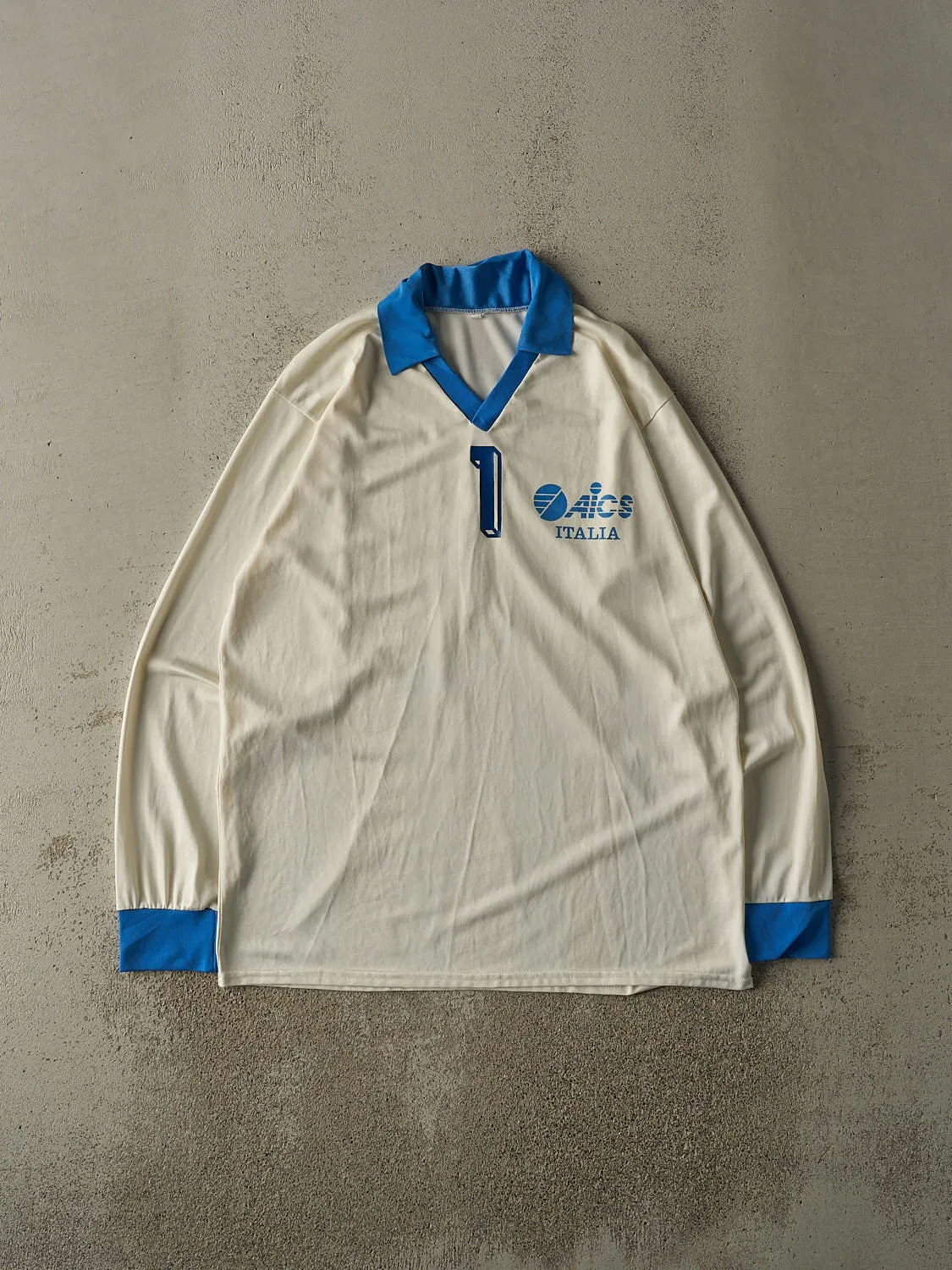 Vintage Y2K White & Blue Italia Long Sleeve Soccer Jersey (L/XL) sold by Rebalance Vintage