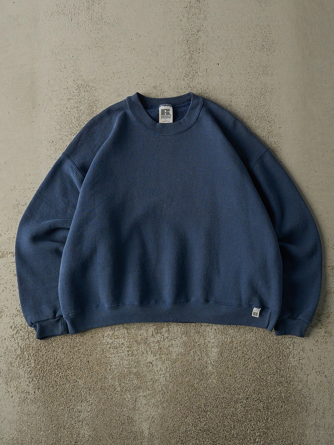 Vintage 90s Navy Blue Russell Athletic Blank Boxy Crewneck (XS/S) sold by Rebalance Vintage