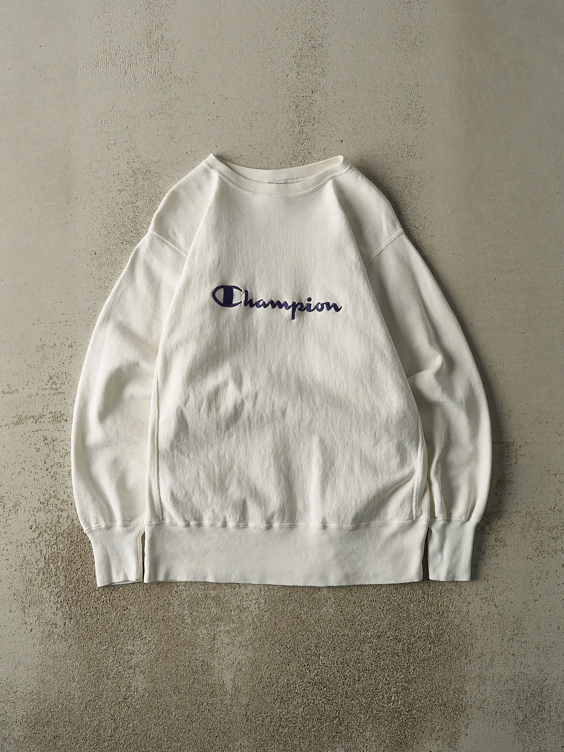 Vintage 90s White Champion Reverse Weave Embroidered Crewneck (M/L) sold by Rebalance Vintage