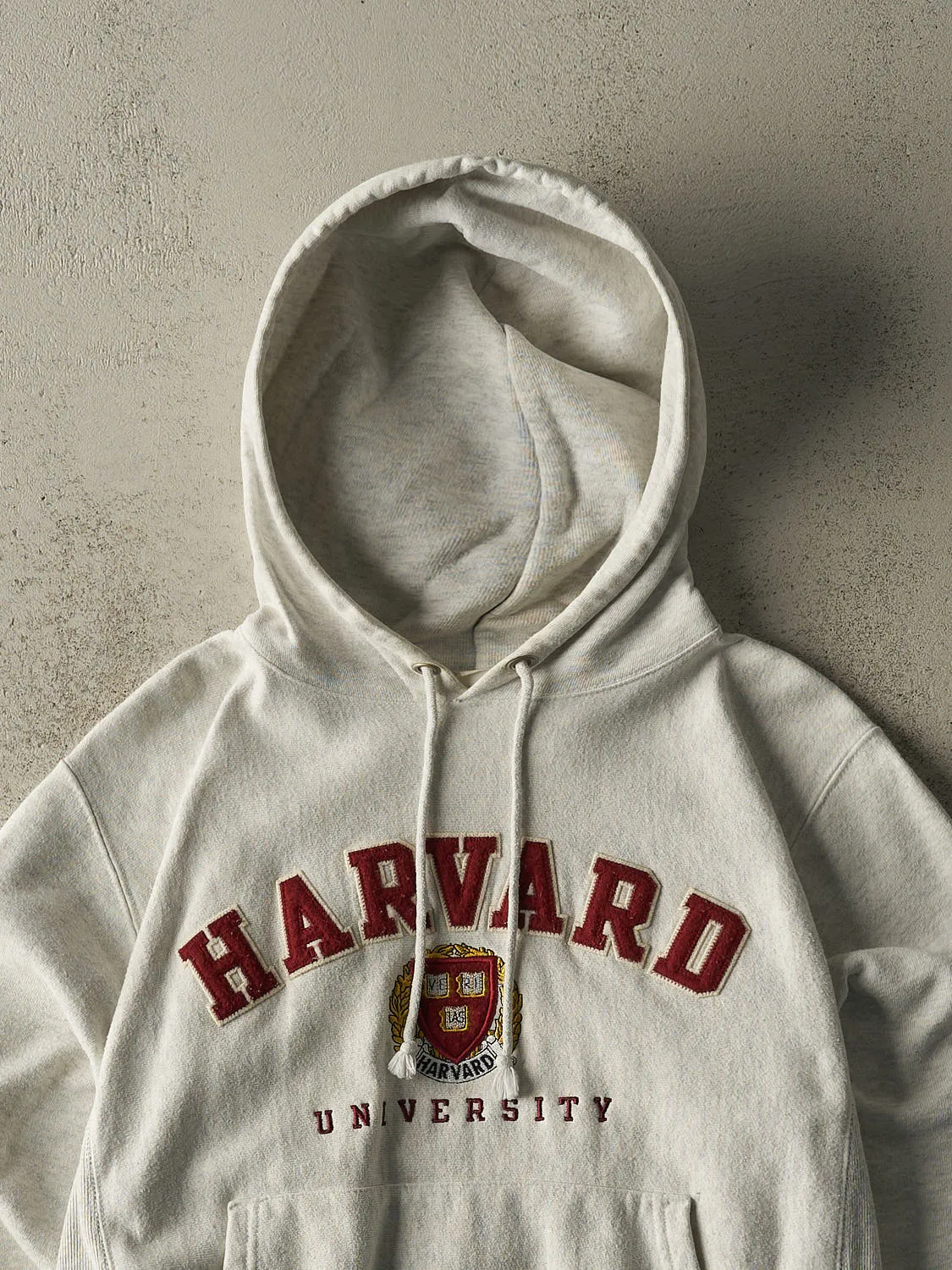 Vintage Y2K Heather Grey Harvard University Champion Reverse Weave Hoodie (S) sold by Rebalance Vintage product image thumbnail 2