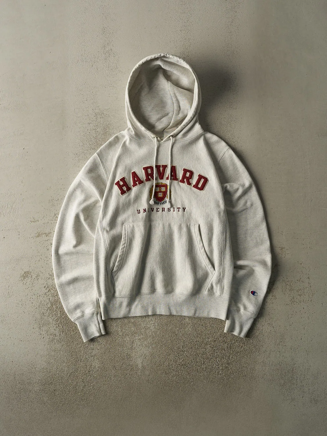 Vintage Y2K Heather Grey Harvard University Champion Reverse Weave Hoodie (S) sold by Rebalance Vintage