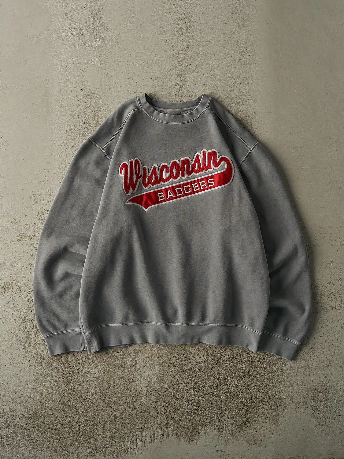 Vintage 90s Washed Grey University of Wisconsin Badgers Crewneck (XL) sold by Rebalance Vintage