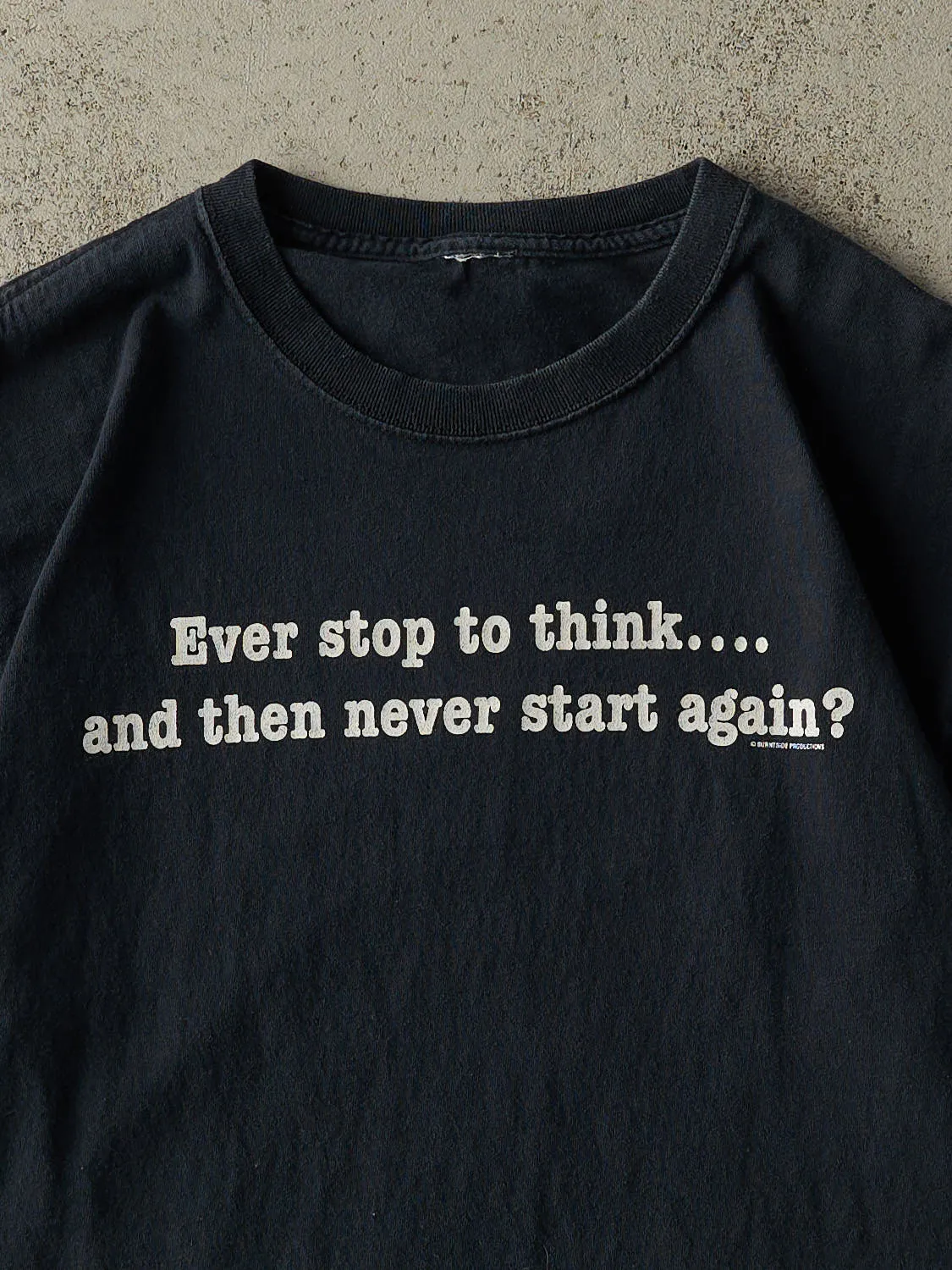 Vintage Y2K Navy Blue "Ever Stop To Think" Slogan Tee (L) sold by Rebalance Vintage product image thumbnail 2