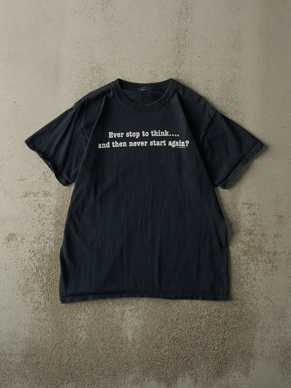 Vintage Y2K Navy Blue "Ever Stop To Think" Slogan Tee (L) sold by Rebalance Vintage