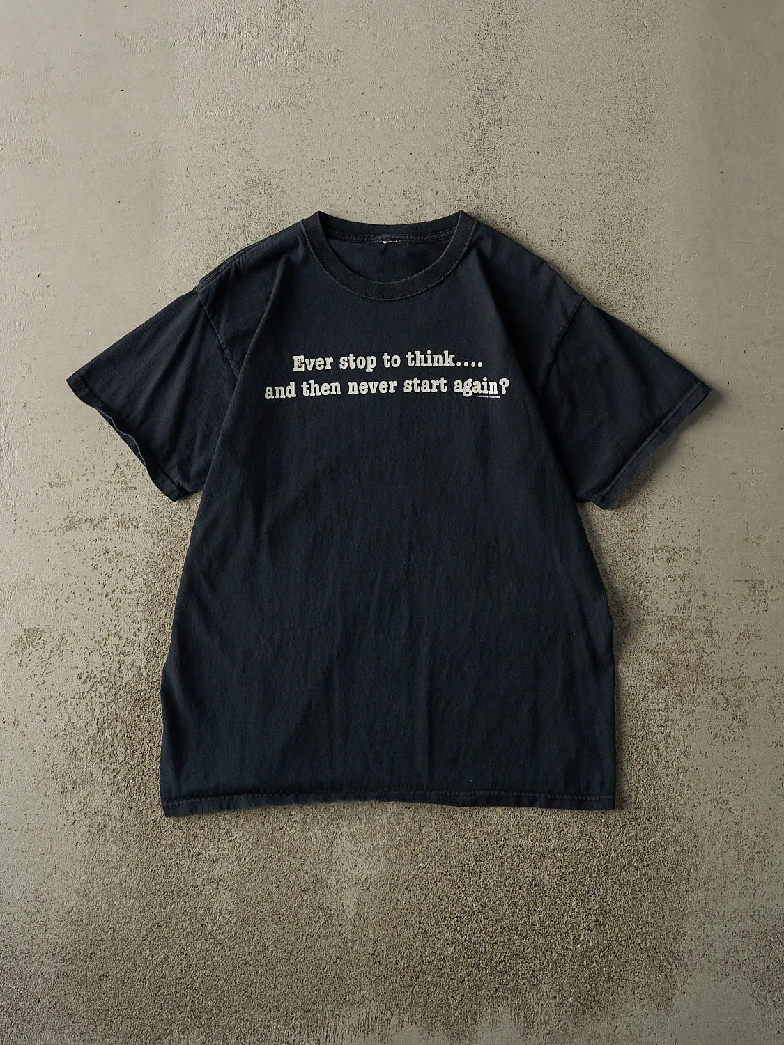 Vintage Y2K Navy Blue "Ever Stop To Think" Slogan Tee (L) sold by Rebalance Vintage