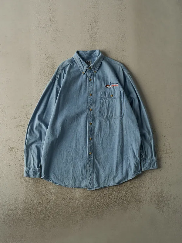 Vintage 90s Light Wash Denver Broncos Embroidered Denim Button Up (XL/XXL) sold by Rebalance Vintage