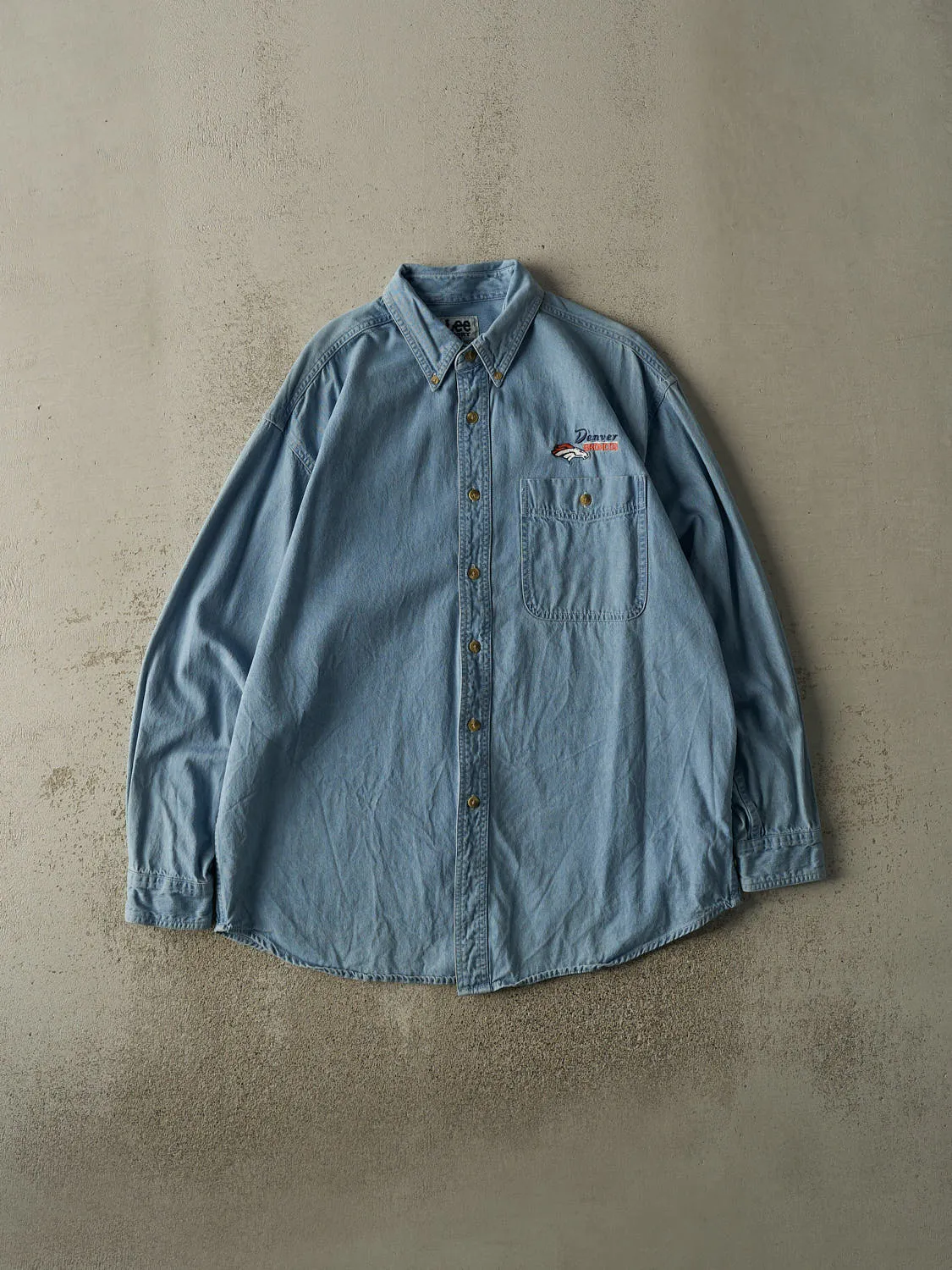 Vintage 90s Light Wash Denver Broncos Embroidered Denim Button Up (XL/XXL) sold by Rebalance Vintage