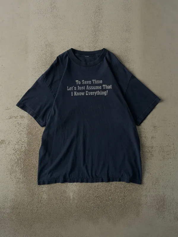 Vintage 90s Navy Blue "I Know Everything" Slogan Tee (L/XL) sold by Rebalance Vintage