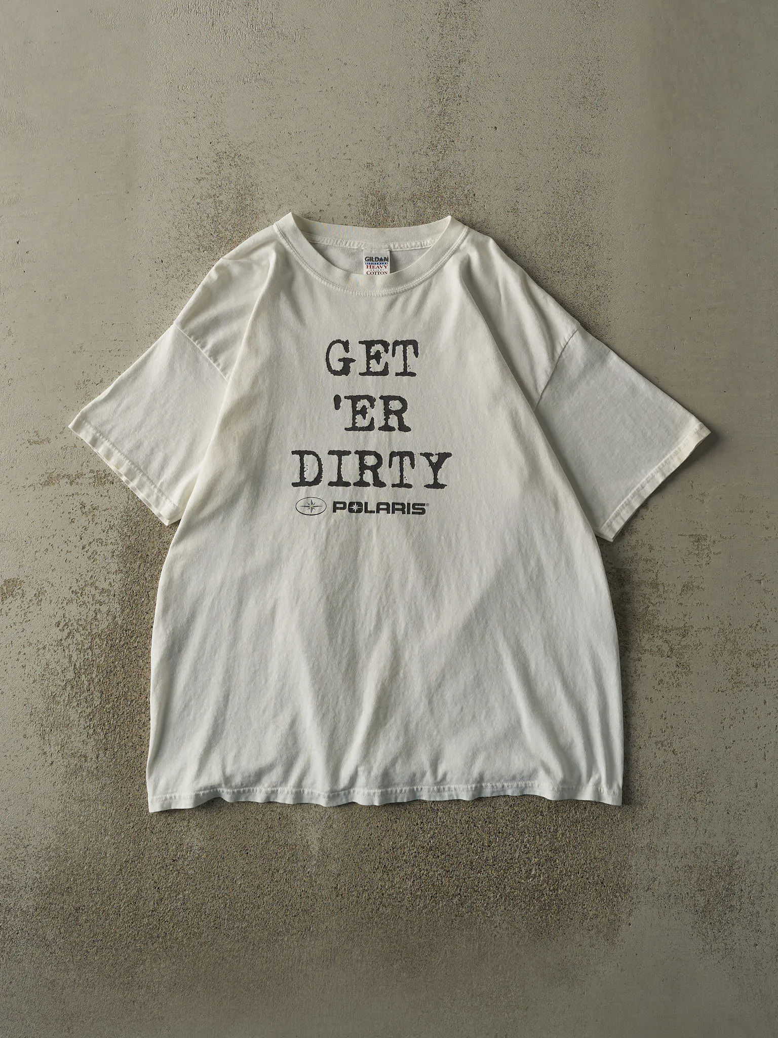 Vintage Y2K White Polaris "Get 'Er Dirty" Slogan Tee (XL) sold by Rebalance Vintage