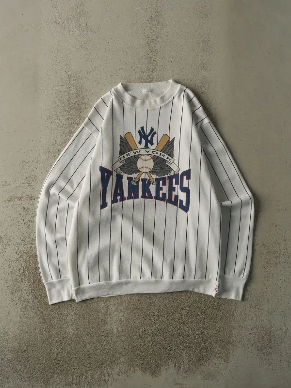 Vintage 80s White New York Yankees Pinstripe Logo 7 Crewneck (L) sold by Rebalance Vintage