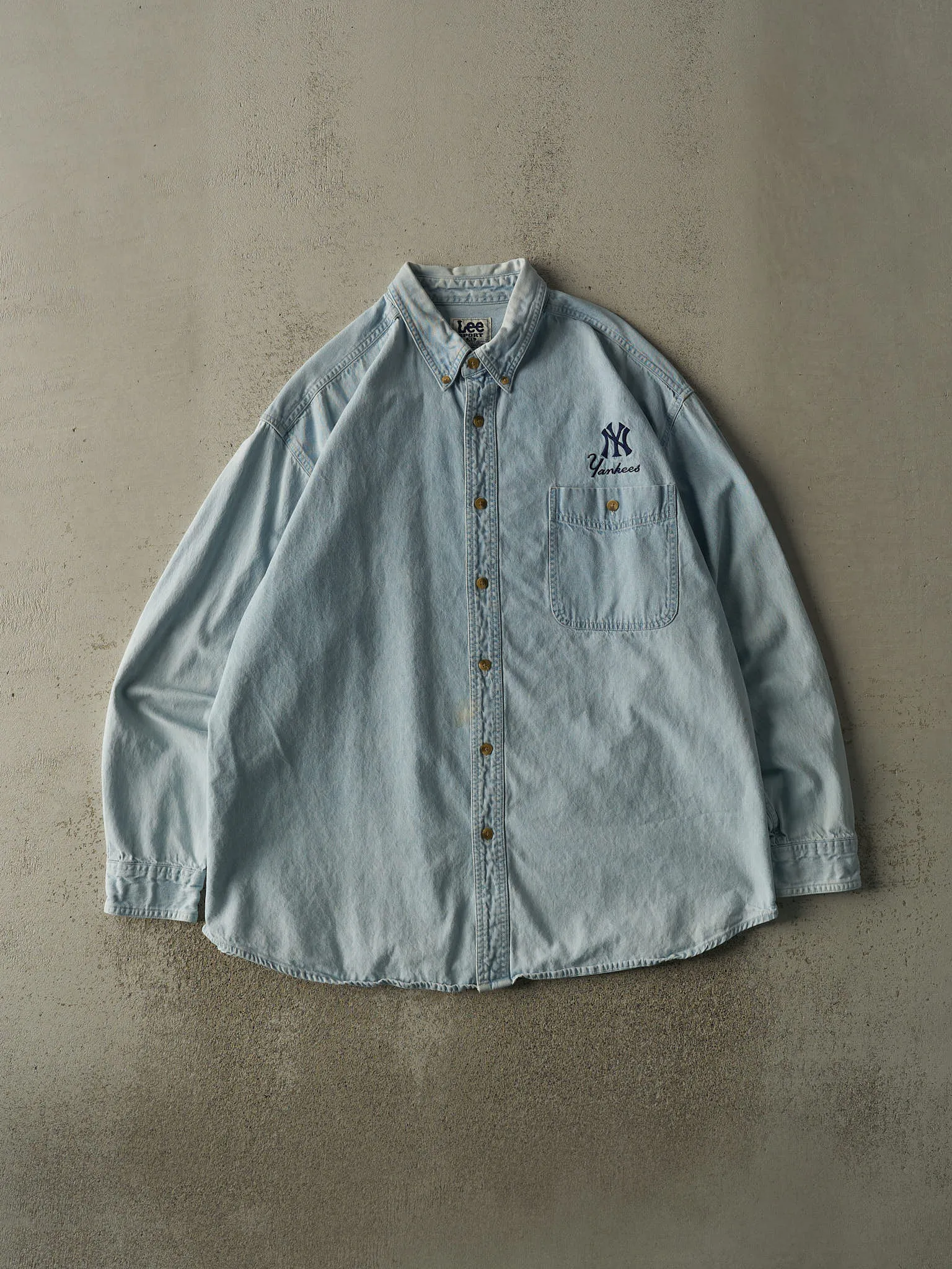 Vintage 90s Light Wash New York Yankees Embroidered Denim Button Up (XXL/XXXL) sold by Rebalance Vintage