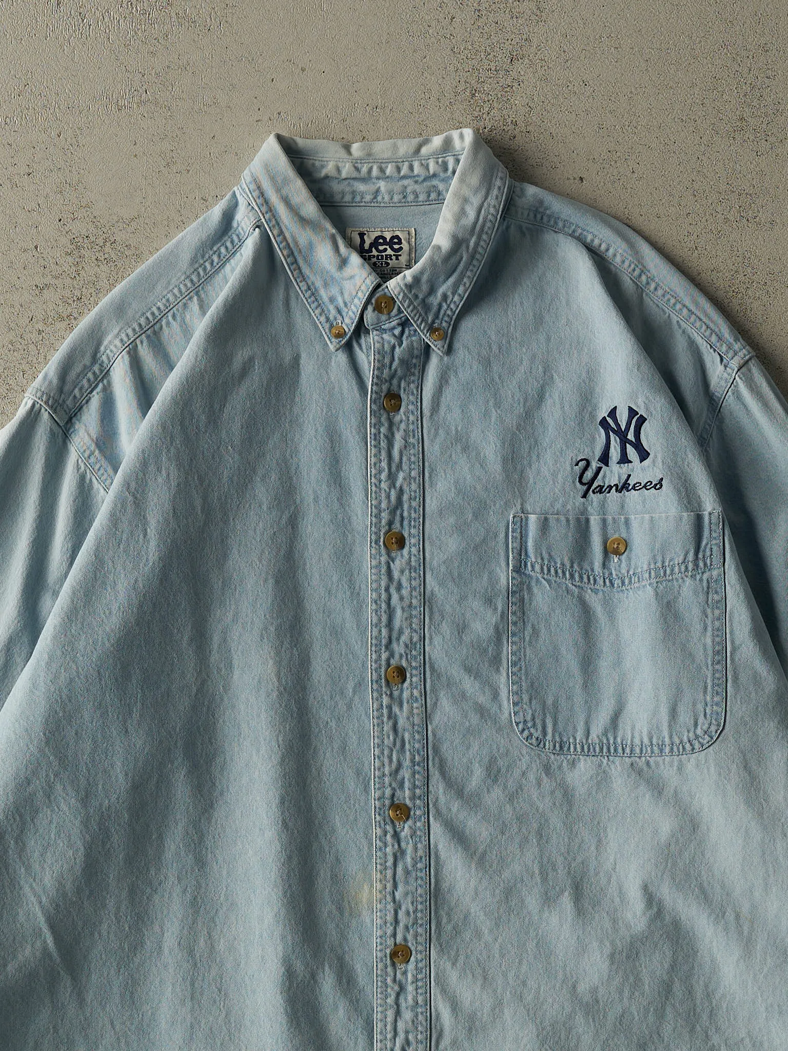 Vintage 90s Light Wash New York Yankees Embroidered Denim Button Up (XXL/XXXL) sold by Rebalance Vintage product image thumbnail 2