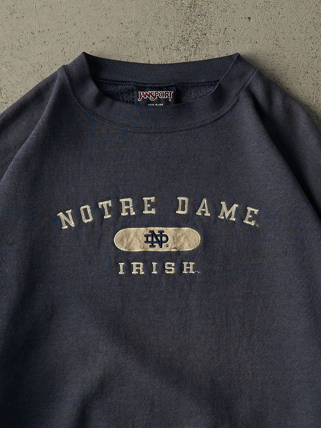 Vintage 90s Faded Navy University of Notre Dame Fighting Irish Embroidered Crewneck (XXL) sold by Rebalance Vintage product image thumbnail 2