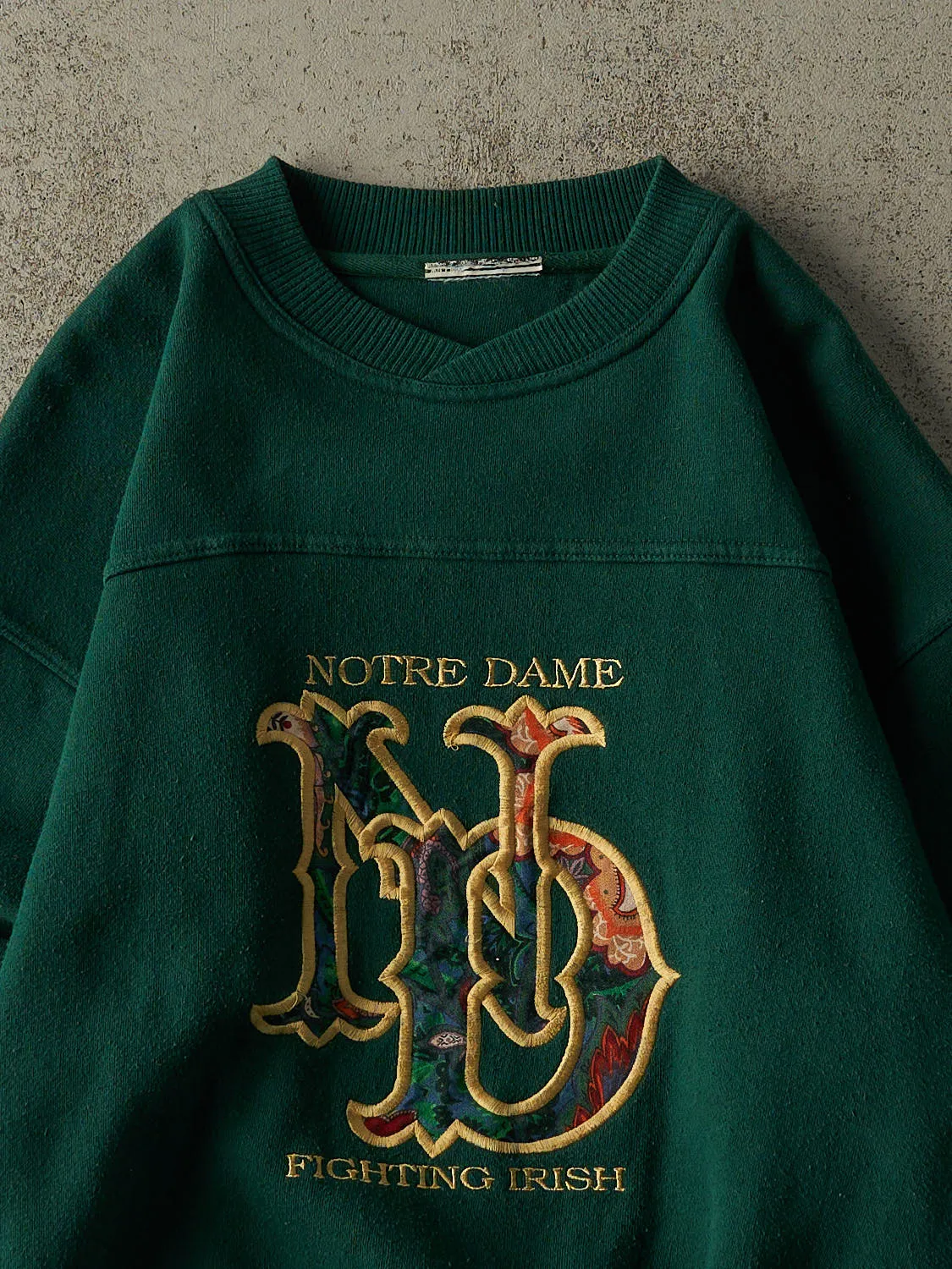 Vintage 90s Green University of Notre Dame Fighting Irish Embroidered Crewneck (S/M) sold by Rebalance Vintage product image thumbnail 2