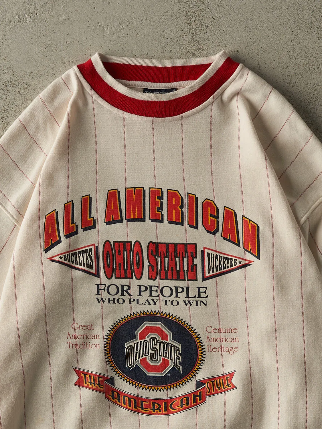 Vintage 90s White & Red Ohio State Pinstriped Crewneck (XL) sold by Rebalance Vintage product image thumbnail 2