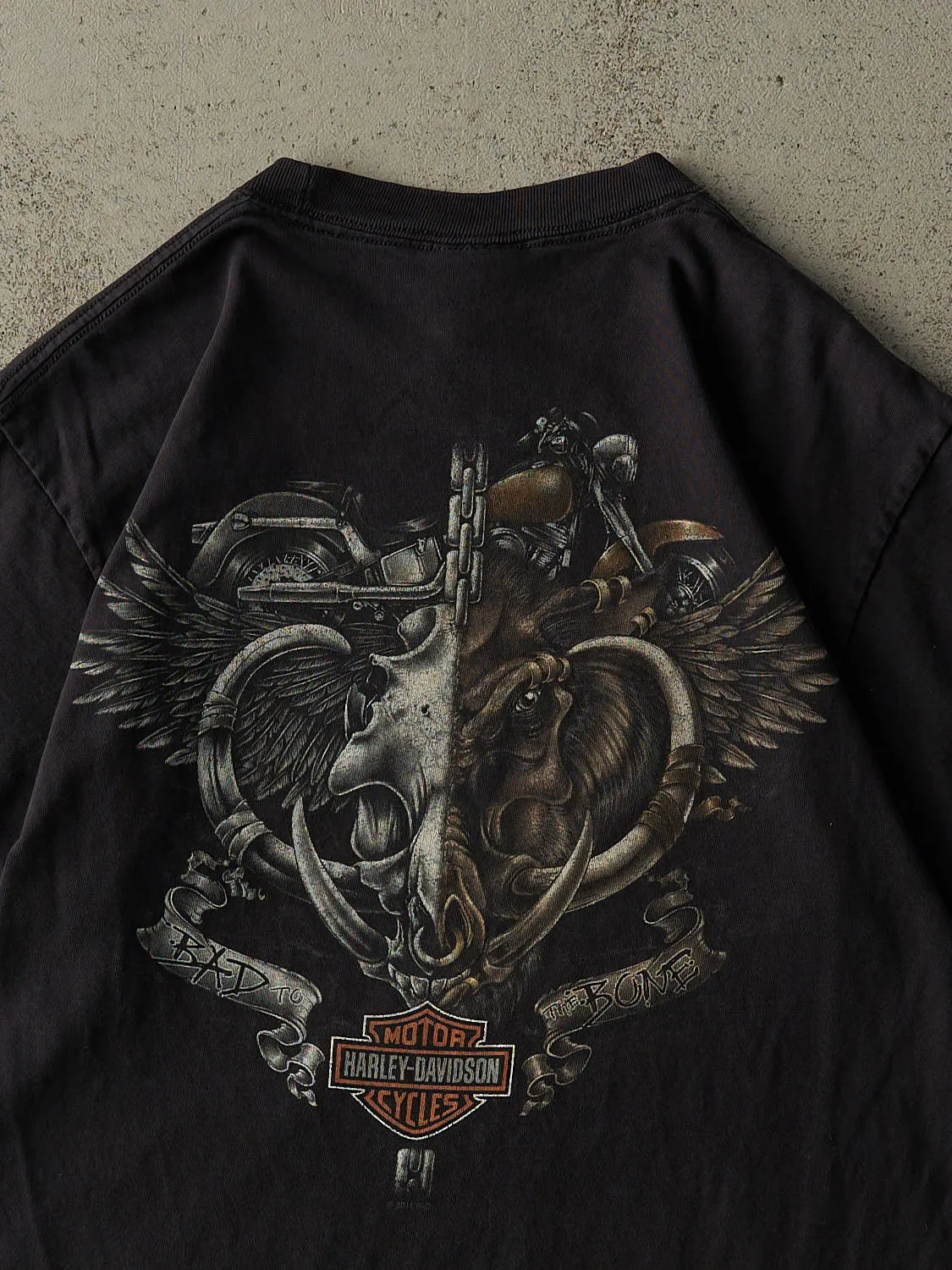Vintage 11' Faded Black Lloydminster AB Harley Davidson "Bad to The Bone" Tee (S/M) sold by Rebalance Vintage product image thumbnail 4