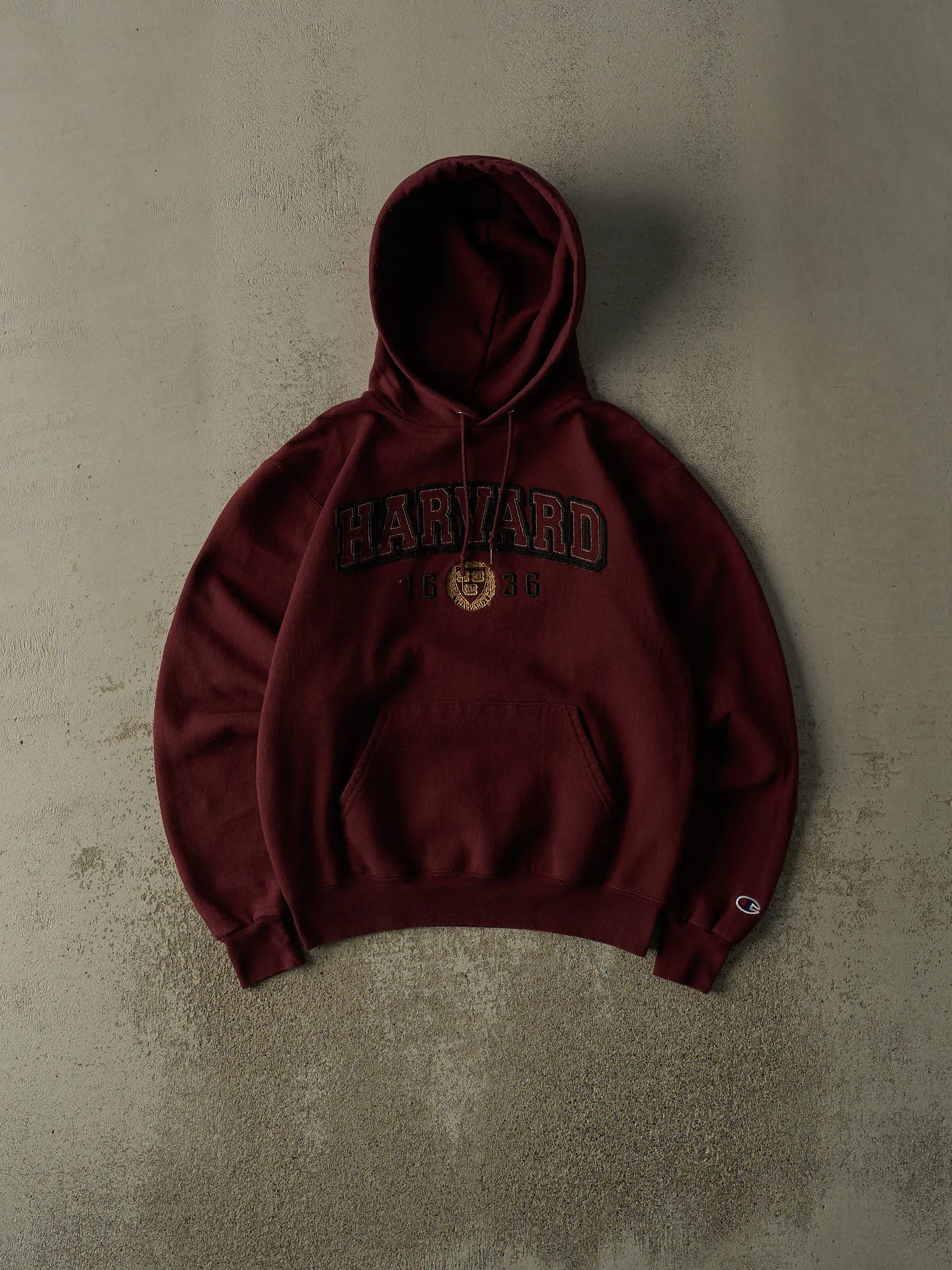 Vintage Y2K Burgundy Harvard University Embroidered Champion Hoodie (S) sold by Rebalance Vintage