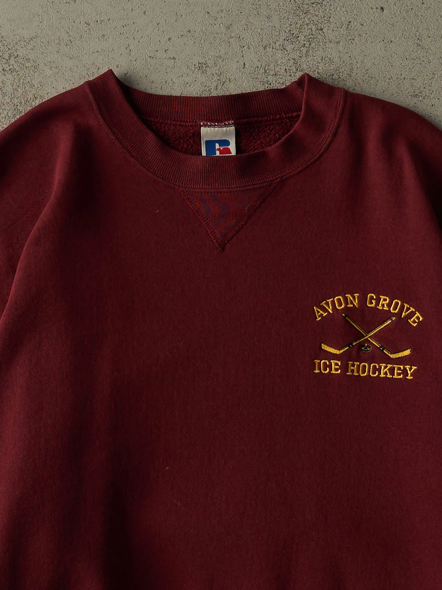 Vintage 90s Burgundy Avon Grove Ice Hockey Embroidered Russell Athletic Crewneck (L/XL) sold by Rebalance Vintage product image thumbnail 2