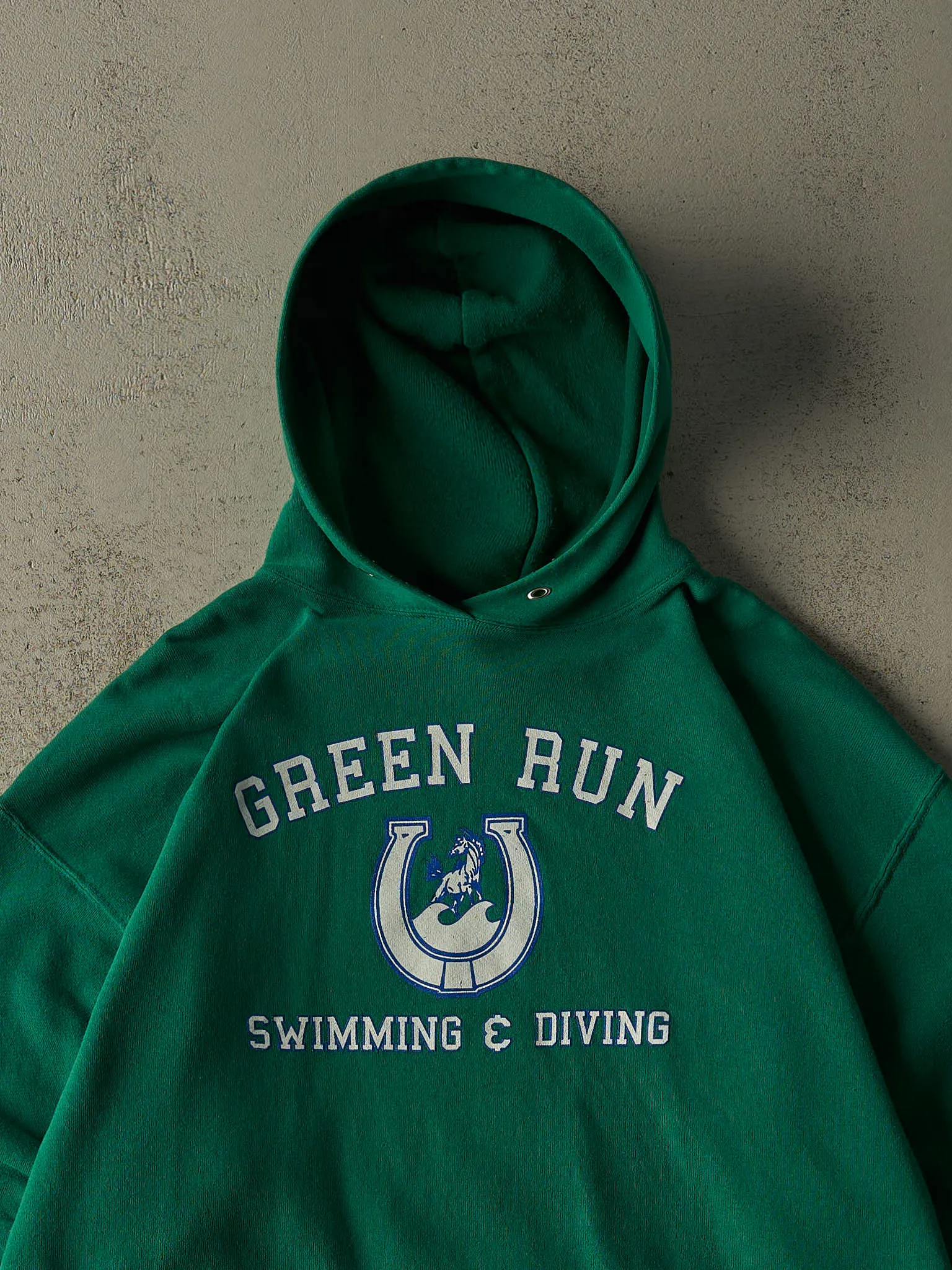 Vintage 80s Green Green Run Swimming & Diving Hoodie (XL) sold by Rebalance Vintage product image thumbnail 2