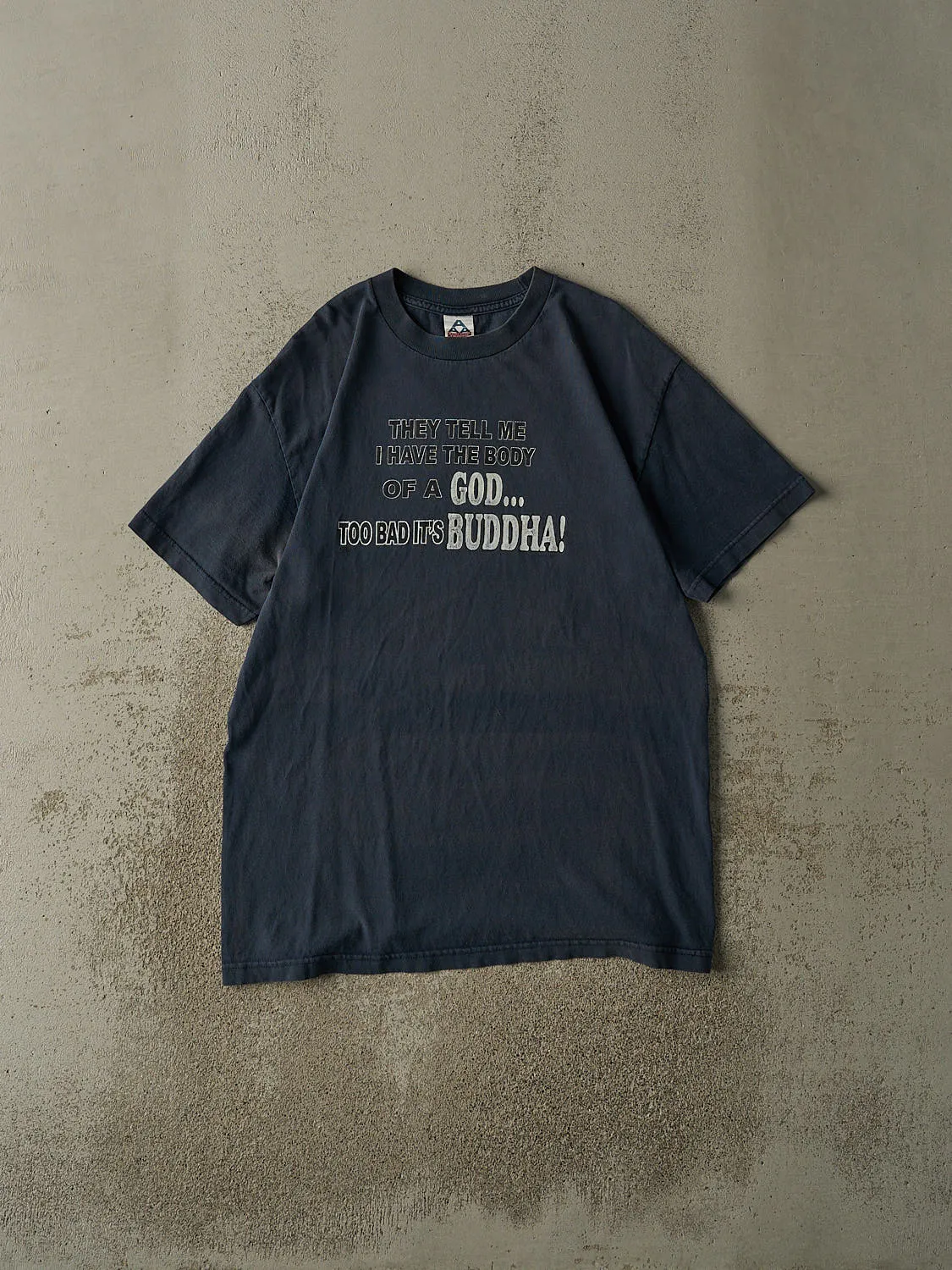 Vintage Y2K Faded Navy Blue "Buddha" Slogan Tee (L/XL) sold by Rebalance Vintage