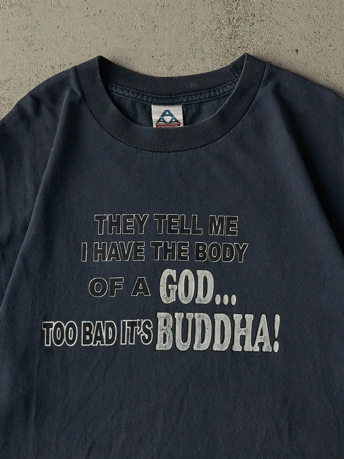 Vintage Y2K Faded Navy Blue "Buddha" Slogan Tee (L/XL) sold by Rebalance Vintage product image thumbnail 2