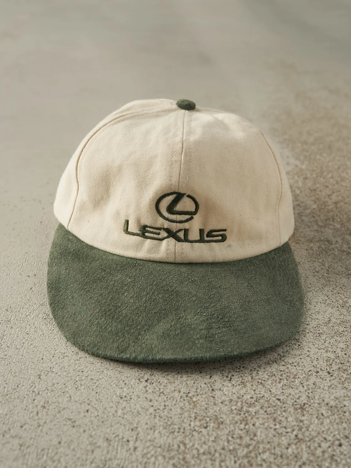 Vintage 90s Beige & Green Lexus Embroidered Leather Strapback sold by Rebalance Vintage