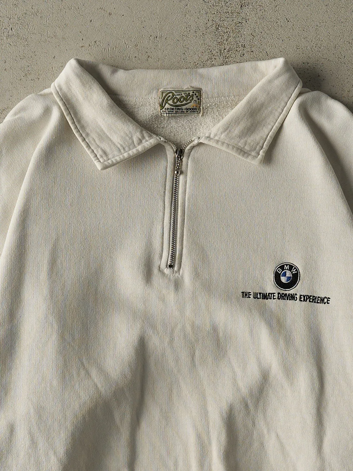 Vintage 90s White Roots BMW Logo Quarter Zip Sweatshirt (XL/XXL) sold by Rebalance Vintage product image thumbnail 3
