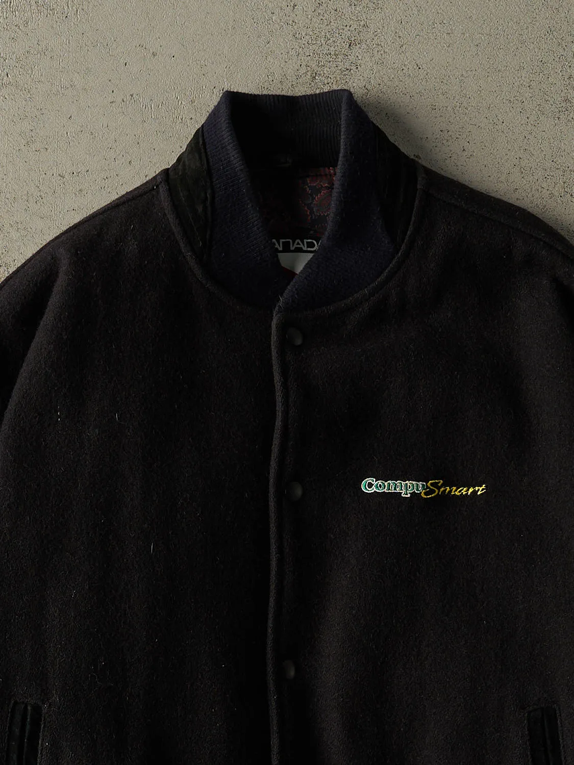 Vintage 90s Black Wool Suede Embroidered Varsity Jacket (L/XL) sold by Rebalance Vintage product image thumbnail 2