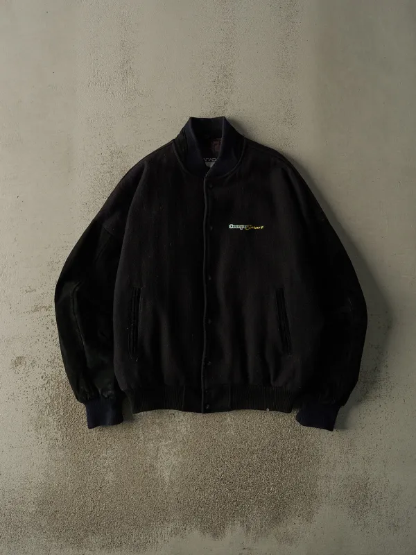 Vintage 90s Black Wool Suede Embroidered Varsity Jacket (L/XL) sold by Rebalance Vintage