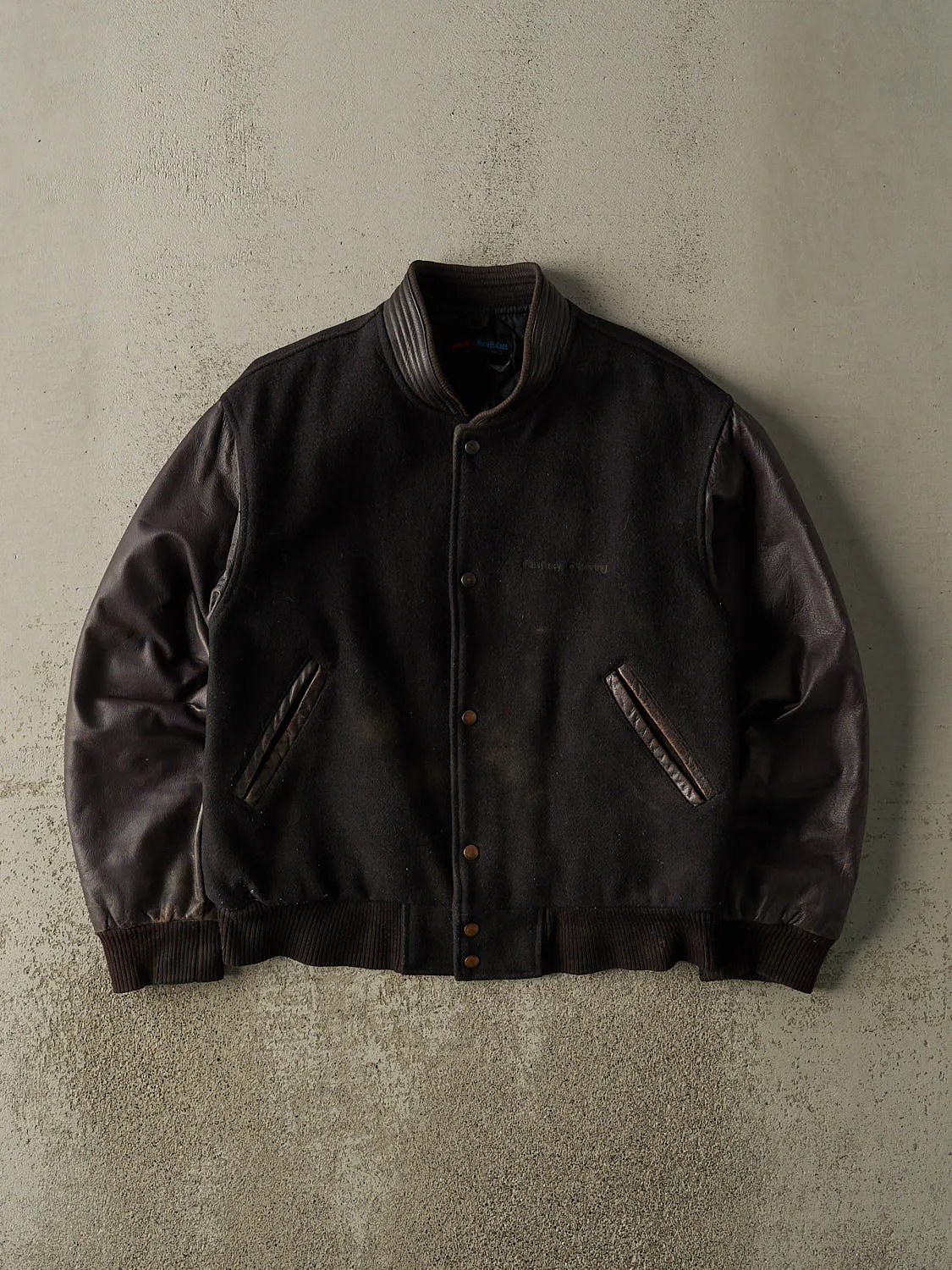 Vintage 90s Black & Burgundy Embroidered Varsity Jacket (M) sold by Rebalance Vintage