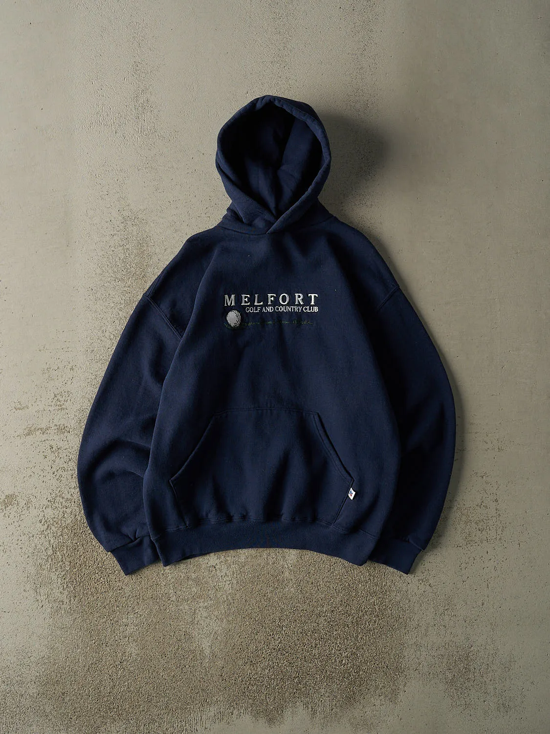 Vintage 90s Navy Blue Melfort Golf & Country Club Russell Athletic Embroidered Hoodie (M/L) sold by Rebalance Vintage